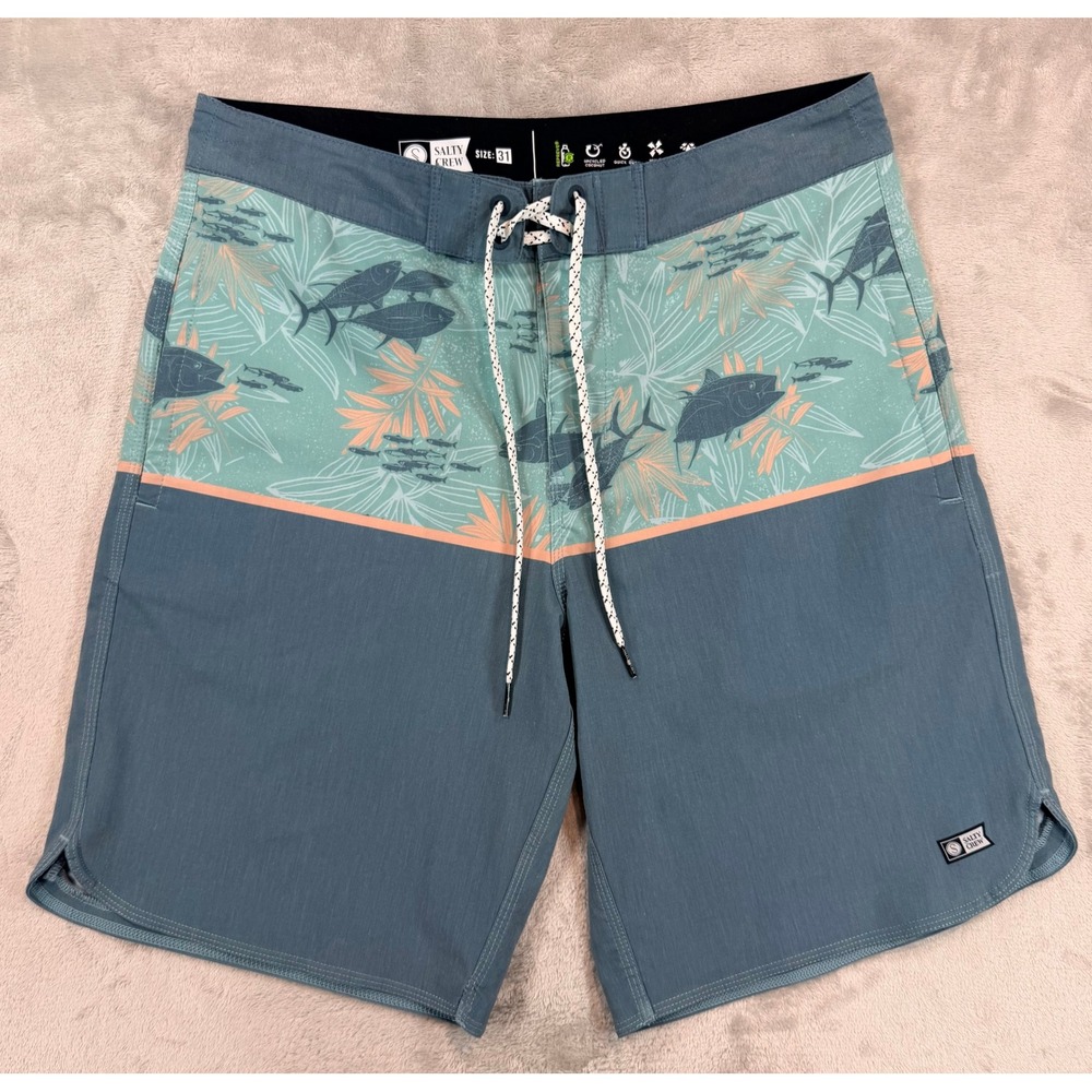 Salty Crew Mens 10" Inseam Board Shorts Blue Teal Fish Print Size 31